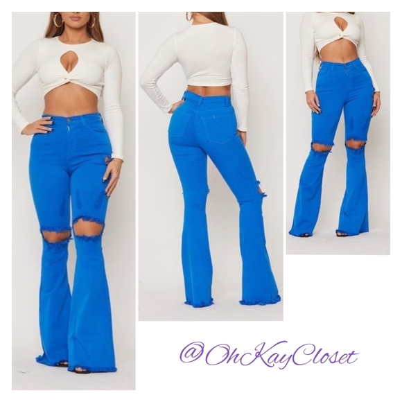 Flared leg jeans High Rise Bell bottom Frayed stretchy denim Blue Vibez … - Picture 1 of 7
